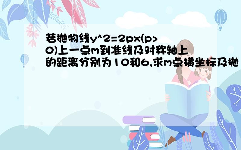 若抛物线y^2=2px(p>0)上一点m到准线及对称轴上的距离分别为10和6,求m点横坐标及抛