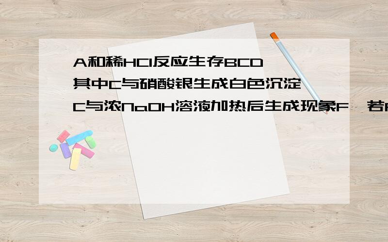 A和稀HCl反应生存BCD,其中C与硝酸银生成白色沉淀,C与浓NaOH溶液加热后生成现象F,若F为无色有刺激性气味气体,那么A可能为什么,C与浓NaOH溶液加热后的化学方程式为什么..