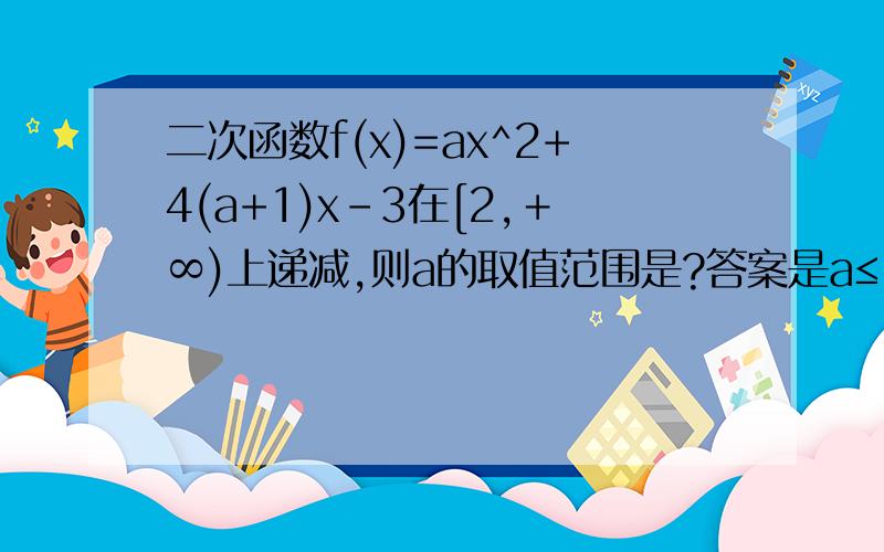 二次函数f(x)=ax^2+4(a+1)x-3在[2,＋∞)上递减,则a的取值范围是?答案是a≤-0.5.但不知道为什么,能详细的讲讲么?