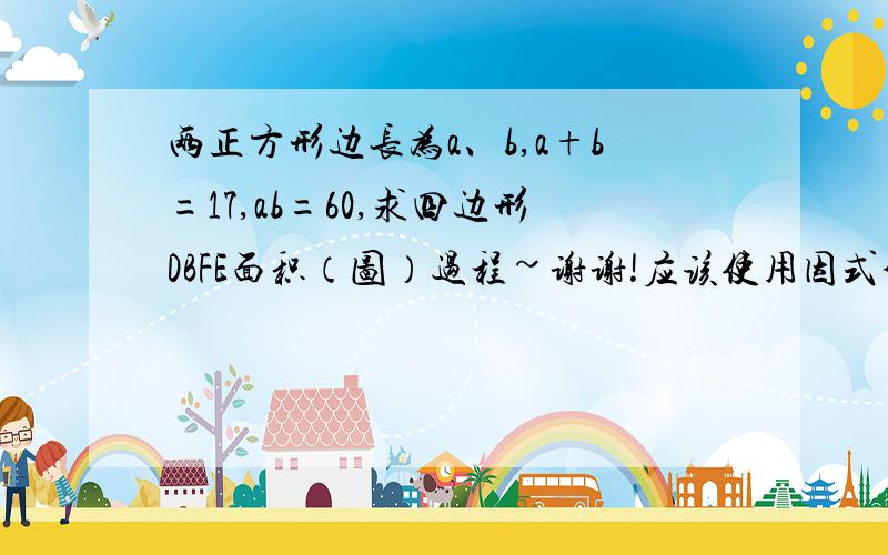 两正方形边长为a、b,a+b=17,ab=60,求四边形DBFE面积（图）过程~谢谢!应该使用因式分解作吧……