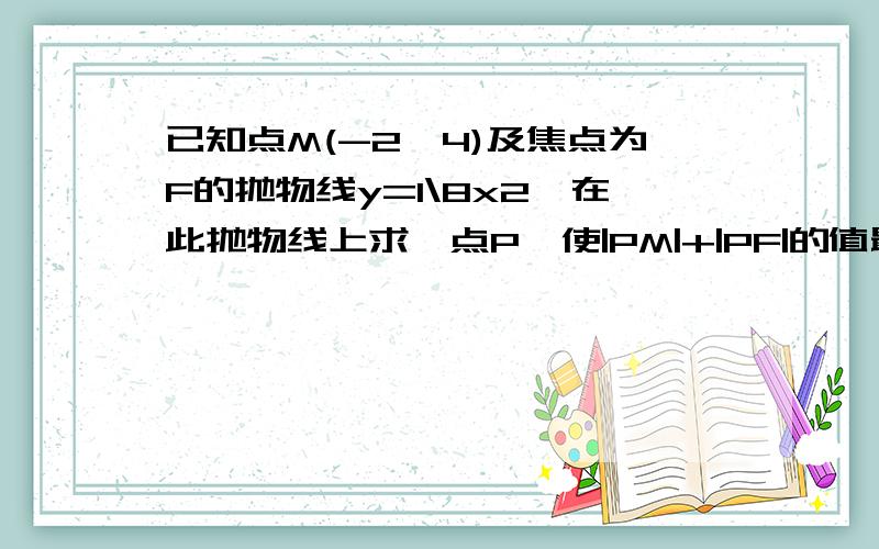 已知点M(-2,4)及焦点为F的抛物线y=1\8x2,在此抛物线上求一点P,使|PM|+|PF|的值最小