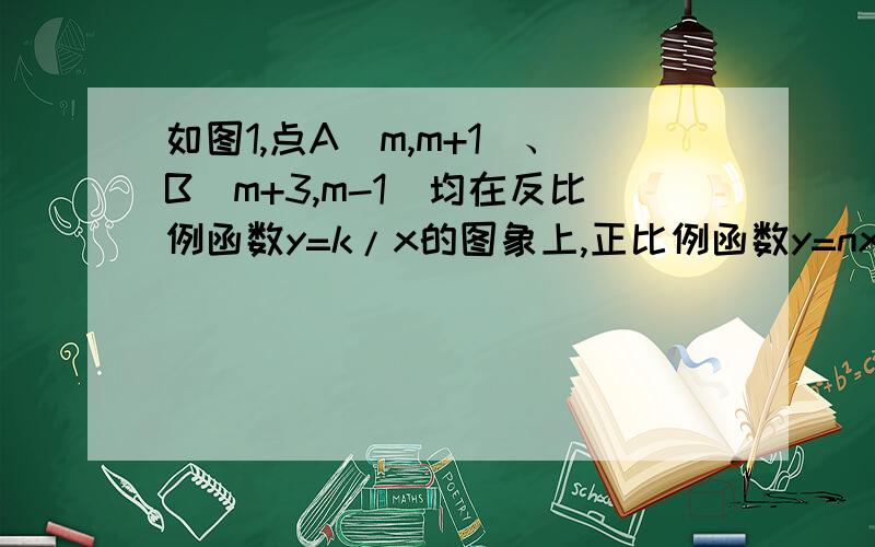 如图1,点A（m,m+1）、B（m+3,m-1）均在反比例函数y=k/x的图象上,正比例函数y=nx的图象交反比例函数图象于A、C两点．（1）求出k值和线段AC的长．（2）在y轴上是否存在点D,使∠ADC=90°?若存在,求点