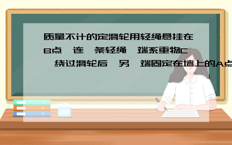 质量不计的定滑轮用轻绳悬挂在B点,连一条轻绳一端系重物C,绕过滑轮后,另一端固定在墙上的A点,（墙面位于滑轮的右侧,且与水平方向垂直.）若改变B点位置是滑轮发生移动,但是AO段绳子始终