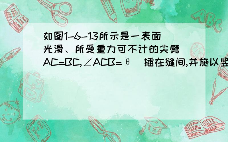 如图1-6-13所示是一表面光滑、所受重力可不计的尖劈（AC=BC,∠ACB=θ）插在缝间,并施以竖直向下的力F.则劈对左、右接触点的压力大小分别