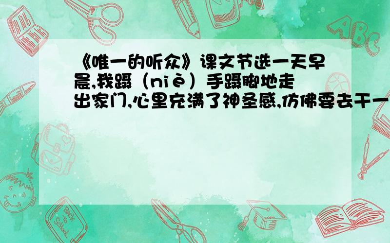 《唯一的听众》课文节选一天早晨,我蹑（niè）手蹑脚地走出家门,心里充满了神圣感,仿佛要去干一件非常伟大的事情.林子里静极了.沙沙的足音,听起来像一曲悠悠的小令.我在一棵树下站好,