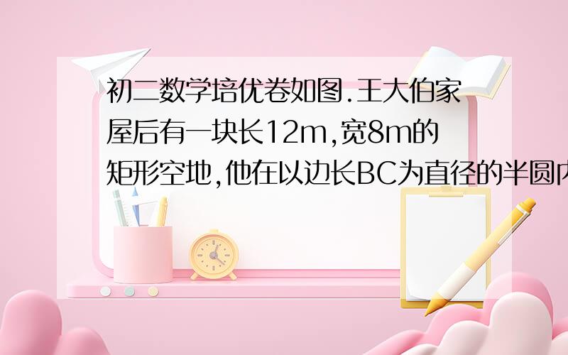 初二数学培优卷如图.王大伯家屋后有一块长12m,宽8m的矩形空地,他在以边长BC为直径的半圆内种菜,他家养的一只羊平时栓在A出的一棵树上,为了不让羊吃到菜,栓羊的绳长应不超过多少米?（要