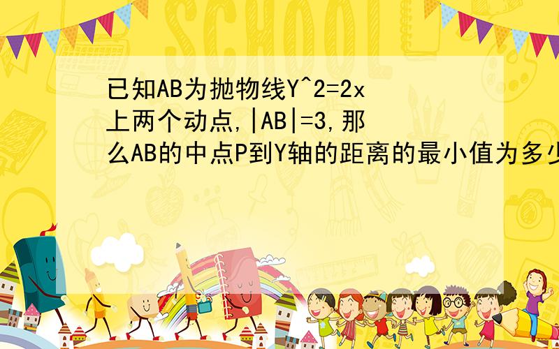 已知AB为抛物线Y^2=2x上两个动点,|AB|=3,那么AB的中点P到Y轴的距离的最小值为多少?