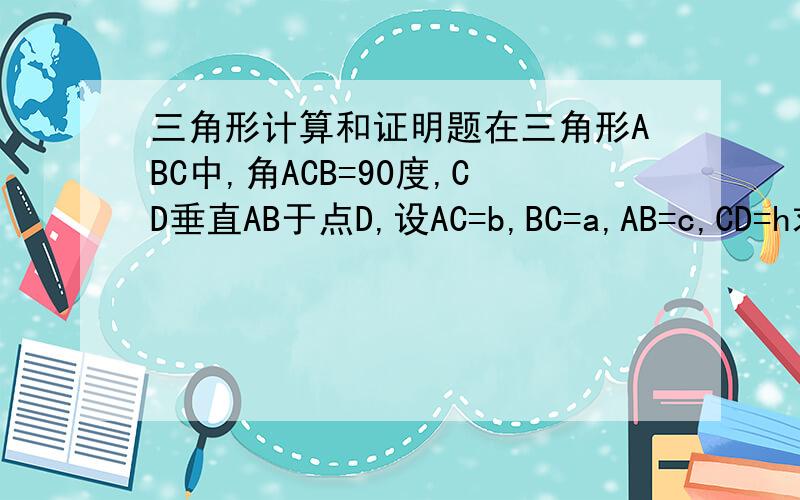 三角形计算和证明题在三角形ABC中,角ACB=90度,CD垂直AB于点D,设AC=b,BC=a,AB=c,CD=h求证(1)a的平方分之1+b的平方分之1=h的平方分之1(2)a+b (3)以a+b,h和c+h为边的三角形是直角三角形