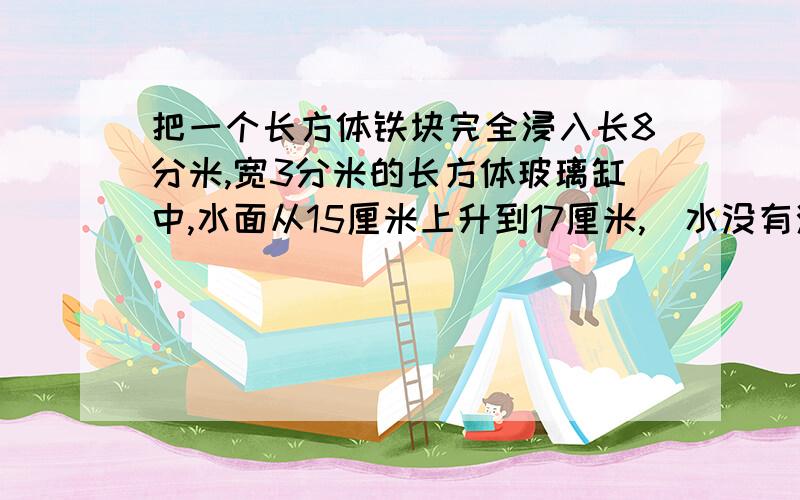 把一个长方体铁块完全浸入长8分米,宽3分米的长方体玻璃缸中,水面从15厘米上升到17厘米,（水没有溢出）如果这个铁块的长是4分米,宽是2分米,那么这个铁块的表面积是多少?