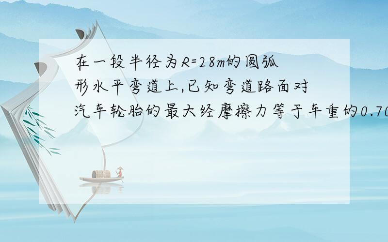 在一段半径为R=28m的圆弧形水平弯道上,已知弯道路面对汽车轮胎的最大经摩擦力等于车重的0.70倍,求汽车拐弯时不发生侧滑的最大速度是多少m/s?