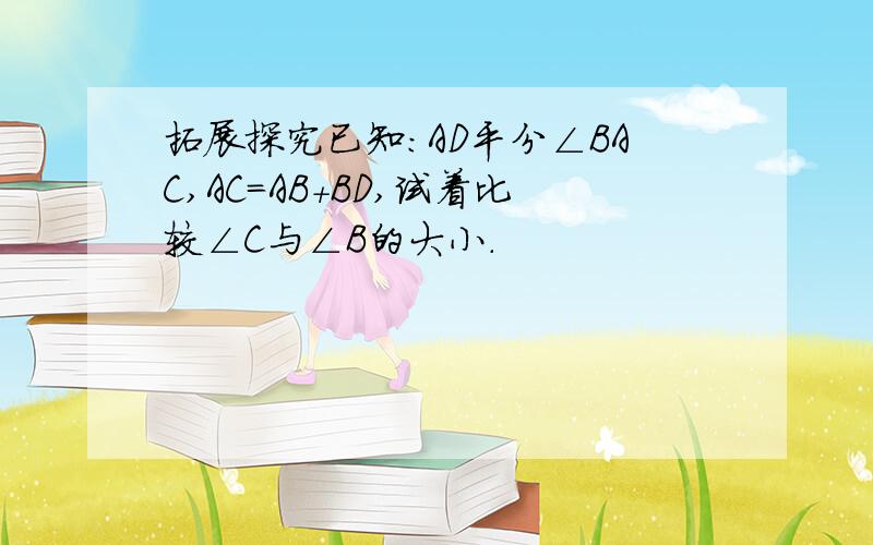 拓展探究已知：AD平分∠BAC,AC=AB+BD,试着比较∠C与∠B的大小.