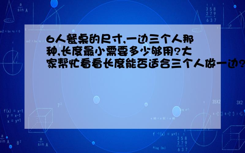 6人餐桌的尺寸,一边三个人那种,长度最小需要多少够用?大家帮忙看看长度能否适合三个人做一边?不要网上复制的,就一个长度直接回复个数字就好谢谢各位了