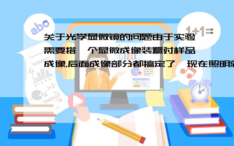 关于光学显微镜的问题由于实验需要搭一个显微成像装置对样品成像.后面成像部分都搞定了,现在照明就简单的用带光纤头的冷光源进行简单照明,总是感觉很山寨.最近看了一下柯勒照明,说