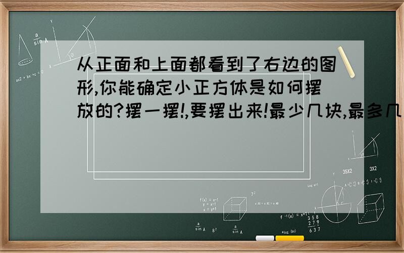 从正面和上面都看到了右边的图形,你能确定小正方体是如何摆放的?摆一摆!,要摆出来!最少几块,最多几块