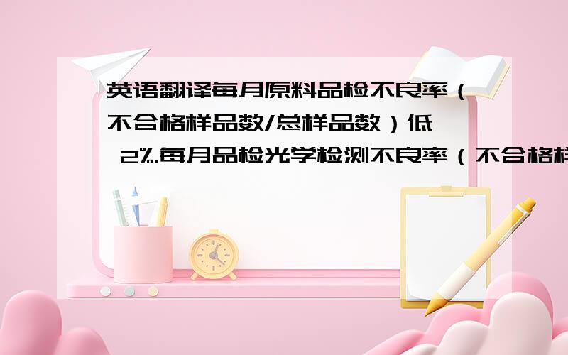 英语翻译每月原料品检不良率（不合格样品数/总样品数）低於 2%.每月品检光学检测不良率（不合格样品数/总样品数）低於 4%.每月复检后良率（良品米数/总米数）高於 85%.每月胶液品检不良