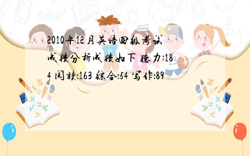 2010年12月英语四级考试成绩分析成绩如下 听力:184 阅读：163 综合：54 写作：89