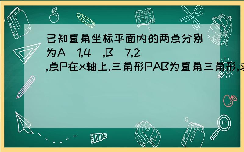 已知直角坐标平面内的两点分别为A（1,4）,B（7,2）,点P在x轴上,三角形PAB为直角三角形,求点P坐标【只求答案!】