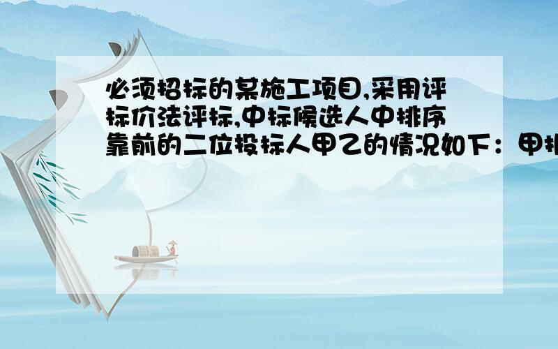 必须招标的某施工项目,采用评标价法评标,中标候选人中排序靠前的二位投标人甲乙的情况如下：甲报价1000万元,评标价950万元；乙报价980万元,评标价990万元,此时（ ）.A．中标人为甲,合同价