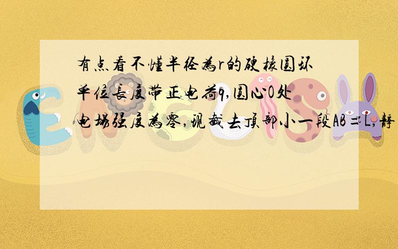 有点看不懂半径为r的硬橡圆环单位长度带正电荷q,圆心O处电场强度为零,现截去顶部小一段AB=L,静电力恒量为K0分则剩余部分在O点处产生电场强度的方向是＿,电场强度大小＿.（如果打字麻烦,