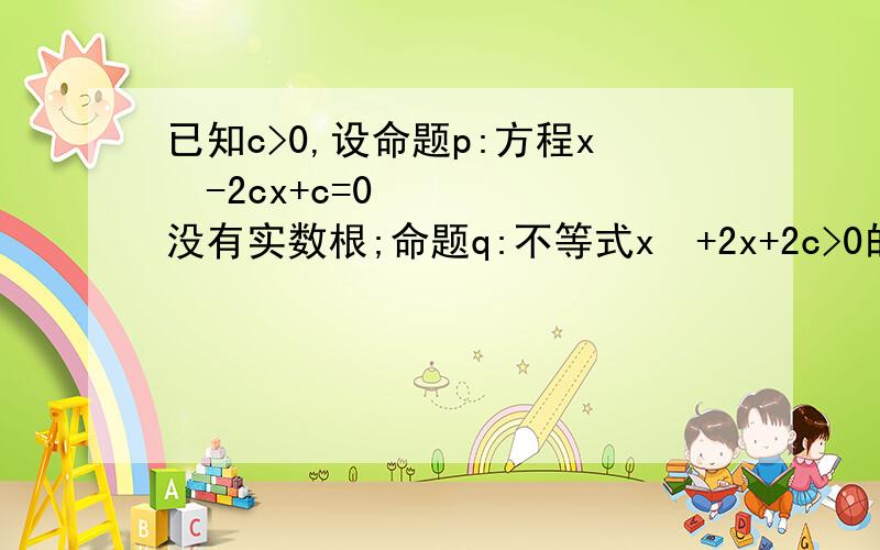 已知c>0,设命题p:方程x²-2cx+c=0没有实数根;命题q:不等式x²+2x+2c>0的解集为R.如果命题p或q为真,命题p且q为假,求c的取值范围