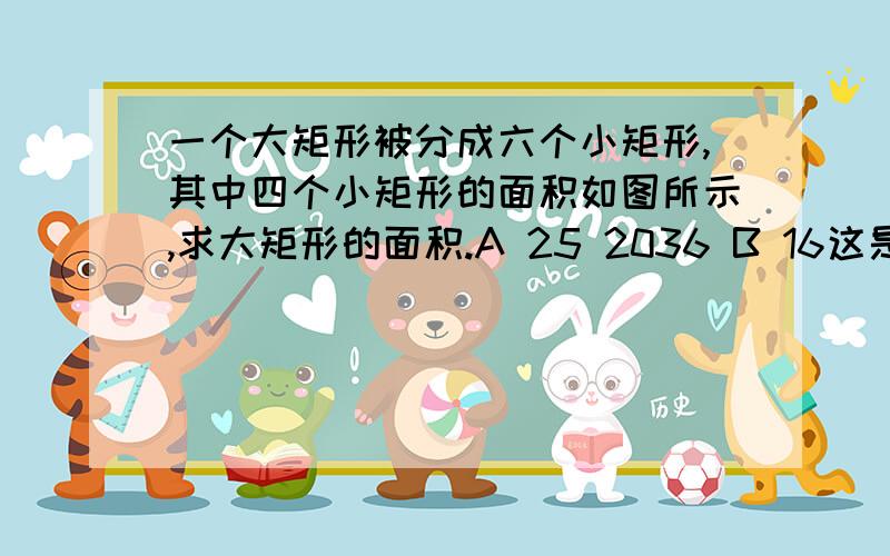 一个大矩形被分成六个小矩形,其中四个小矩形的面积如图所示,求大矩形的面积.A 25 2036 B 16这是各个面积,一个数字代表一个矩形.算式或方程都可以