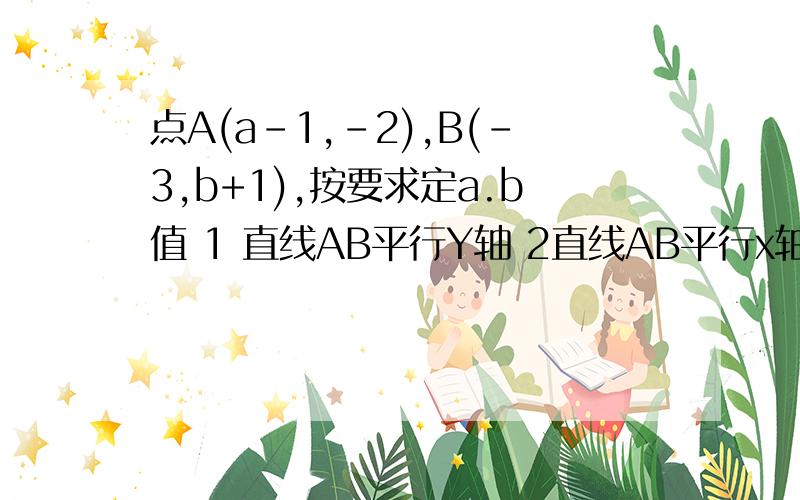 点A(a-1,-2),B(-3,b+1),按要求定a.b值 1 直线AB平行Y轴 2直线AB平行x轴 3A B两点在第二 四象限的角平分线