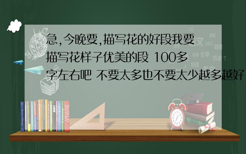 急,今晚要,描写花的好段我要描写花样子优美的段 100多字左右吧 不要太多也不要太少越多越好 我认为最好最多的还可以悬赏最好有蝴蝶兰吖.没有也没关系 其他什么花都要!注:用总分总或者