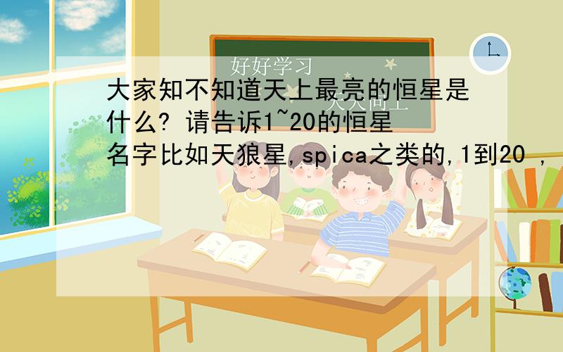 大家知不知道天上最亮的恒星是什么? 请告诉1~20的恒星名字比如天狼星,spica之类的,1到20 , 麻烦你了（写亮度就更谢谢了）那20颗星在哪个星座? 请告诉!