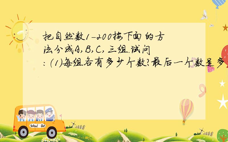 把自然数1-200按下面的方法分成A,B,C,三组.试问：（1）每组各有多少个数?最后一个数是多少?（2）C组的第56个数是几?（3）172在哪一组的几个数?A组1 6 7 12 13 18 19 .B组2 5 8 11 14 17 20 .C组3 4 9 10 15 1