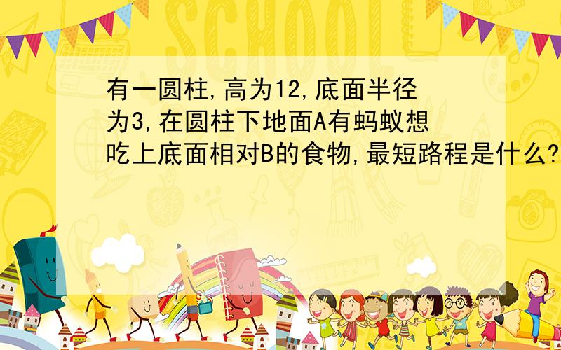 有一圆柱,高为12,底面半径为3,在圆柱下地面A有蚂蚁想吃上底面相对B的食物,最短路程是什么?