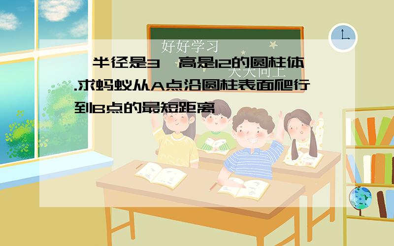 一半径是3,高是12的圆柱体.求蚂蚁从A点沿圆柱表面爬行到B点的最短距离