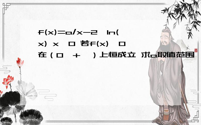 f(x)=a/x-2*ln(x) x>0 若f(x)≤0在（0,+∞）上恒成立 求a取值范围