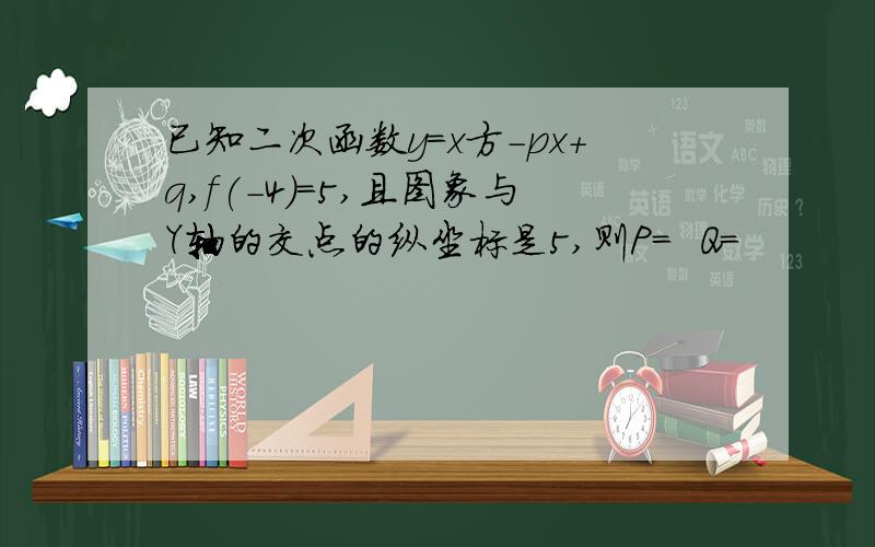 已知二次函数y=x方-px+q,f(-4)=5,且图象与Y轴的交点的纵坐标是5,则P＝  Q＝