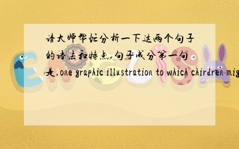 请大师帮忙分析一下这两个句子的语法和特点,句子成分第一句是,one graphic illustration to which chirdren might readily relate is estimate that rainforests are being destroyed at a rate equivalent to one thousand football field