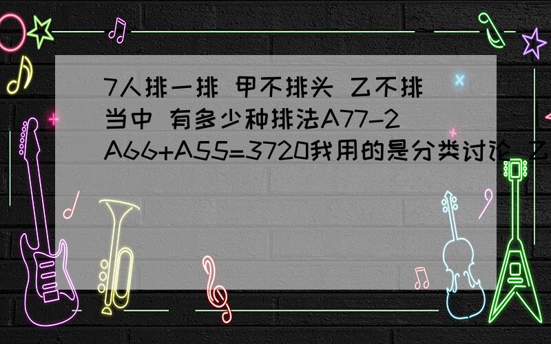 7人排一排 甲不排头 乙不排当中 有多少种排法A77-2A66+A55=3720我用的是分类讨论 乙在排头 这样甲就不能被限制 所以A66 乙在排尾 排头不能是甲 A51 *A55最后相加 为什么和答案不一样