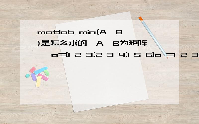 matlab min(A,B)是怎么求的,A,B为矩阵>> a=[1 2 3;2 3 4;1 5 6]a =1 2 32 3 41 5 6>> min(a,a')ans =1 2 12 3 41 4 6这是运行结果,这是怎么求出来的