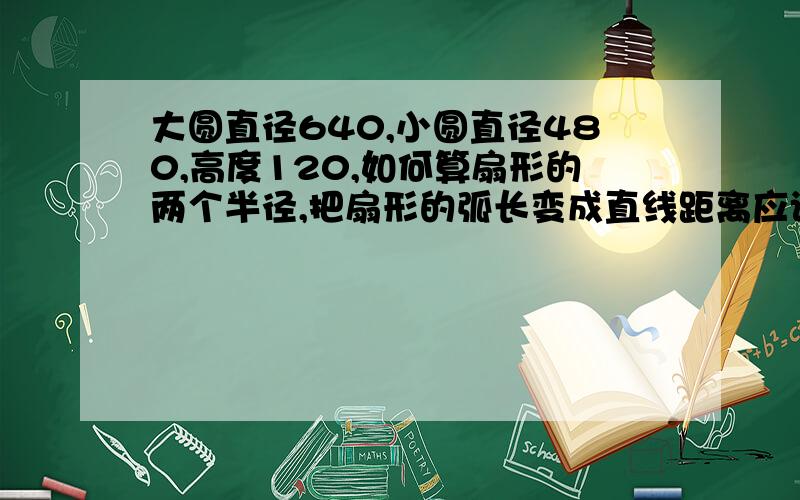 大圆直径640,小圆直径480,高度120,如何算扇形的两个半径,把扇形的弧长变成直线距离应该怎么算?