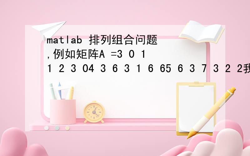 matlab 排列组合问题 ,例如矩阵A =3 0 1 1 2 3 04 3 6 3 1 6 65 6 3 7 3 2 2我要求出A的所有排列组合,组合方式如下：3 0 1 1 2 3 03 0 1 1 2 3 63 0 1 1 2 3 23 0 1 1 2 6 03 0 1 1 2 6 6.总共是3*3*3*3*3*3*3种组合.