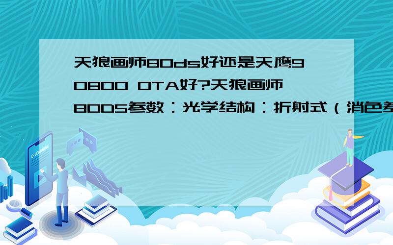 天狼画师80ds好还是天鹰90800 OTA好?天狼画师80DS参数：光学结构：折射式（消色差高锐度）物镜镀膜：全表面多层宽带膜物镜直径：90mm有效口径：80mm 焦距600mm（f/7.5）调焦系统：无齿摩擦调焦