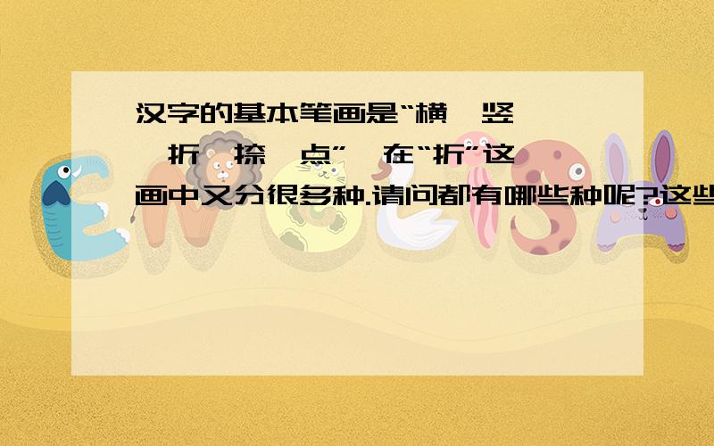 汉字的基本笔画是“横、竖、瞥、折、捺、点”,在“折”这一画中又分很多种.请问都有哪些种呢?这些折法,都如何书写?是否做到了每一个折法对应了一个名称?