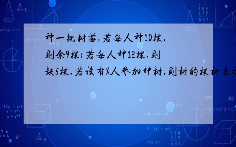 种一批树苗,若每人种10棵,则余9棵;若每人种12棵,则缺5棵,若设有X人参加种树,则树的棵树表示为( ) 或( )拜