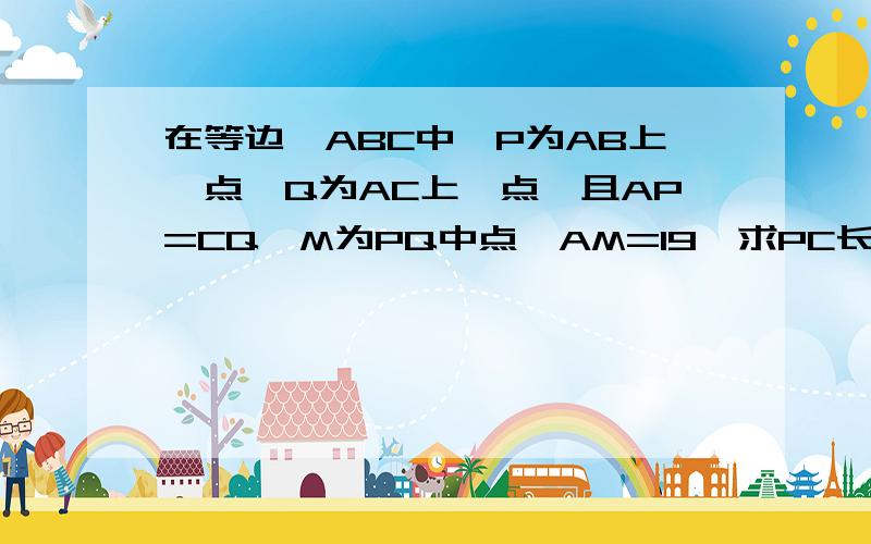 在等边△ABC中,P为AB上一点,Q为AC上一点,且AP=CQ,M为PQ中点,AM=19,求PC长