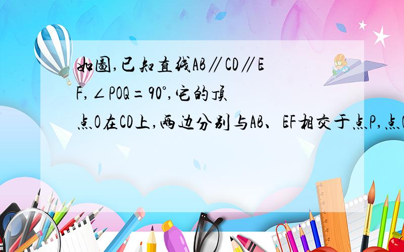 如图,已知直线AB∥CD∥EF,∠POQ=90°,它的顶点O在CD上,两边分别与AB、EF相交于点P,点Q,射线OC始终在∠POQ的内部．（1）求∠1+∠2的度数；（2）直接写出∠3与∠4的数量关系：  （3）若∠POQ的度数