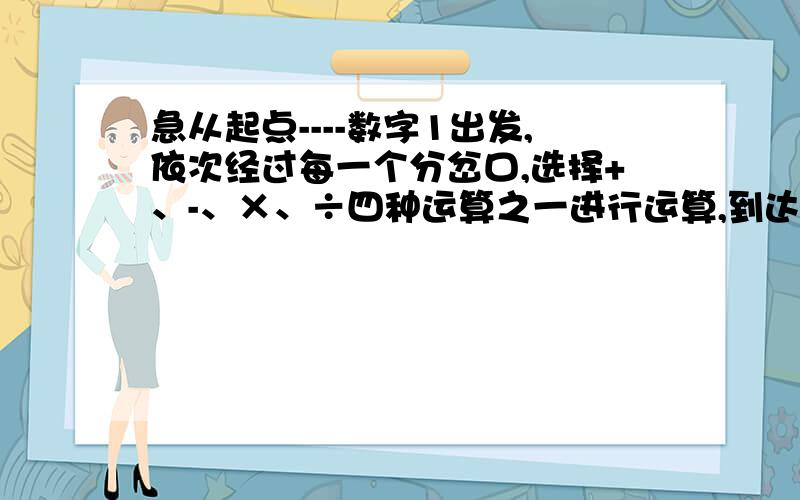 急从起点----数字1出发,依次经过每一个分岔口,选择+、-、×、÷四种运算之一进行运算,到达目从起点----数字1出发,依次经过每一个分岔口,选择+、-、×、÷四种运算之一进行运算,到达目的地时