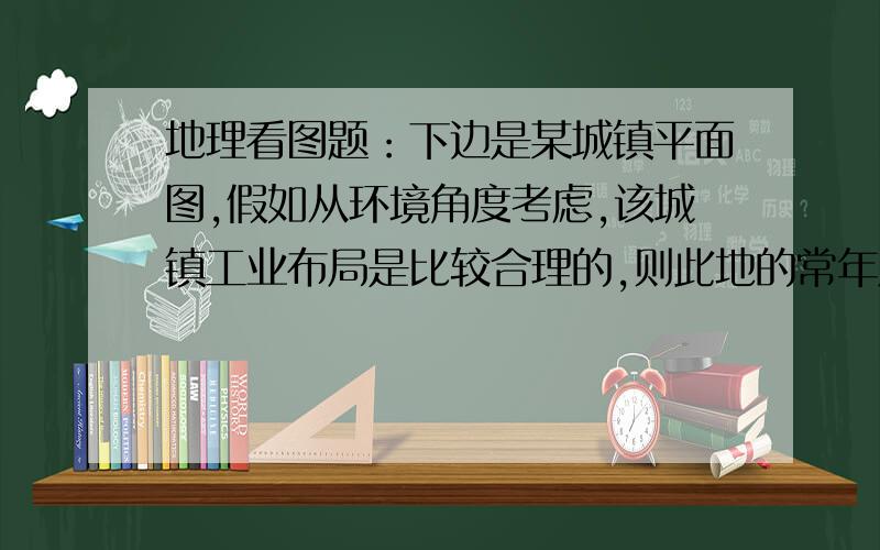 地理看图题：下边是某城镇平面图,假如从环境角度考虑,该城镇工业布局是比较合理的,则此地的常年风向是A、西南风 B、西北风 C、东南风 D、东北风要有合理解释