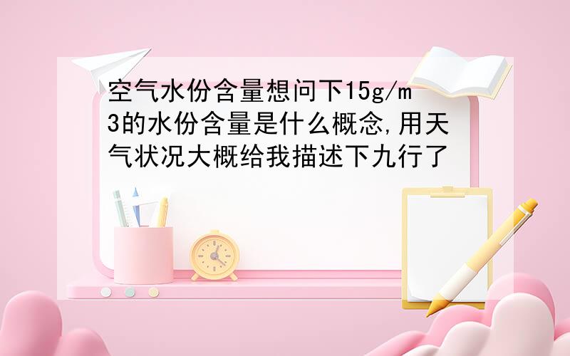 空气水份含量想问下15g/m3的水份含量是什么概念,用天气状况大概给我描述下九行了