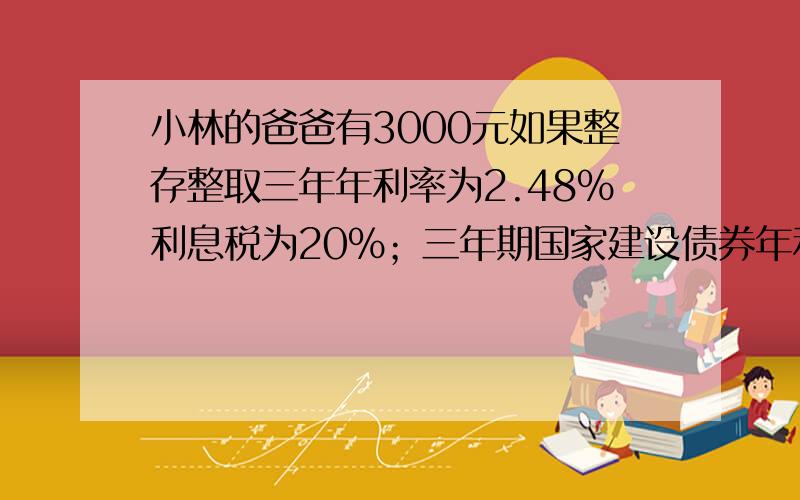 小林的爸爸有3000元如果整存整取三年年利率为2.48%利息税为20%；三年期国家建设债券年利率为2.01%无利息税算一下应选那种储蓄方式收益大?多多少元