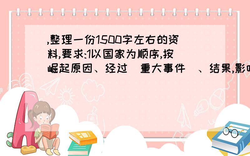 ,整理一份1500字左右的资料,要求:1以国家为顺序,按崛起原因、经过(重大事件)、结果,影响,衰败要求:1以国家为顺序,按崛起原因、经过(重大事件)、结果,影响,衰败五个要素来写