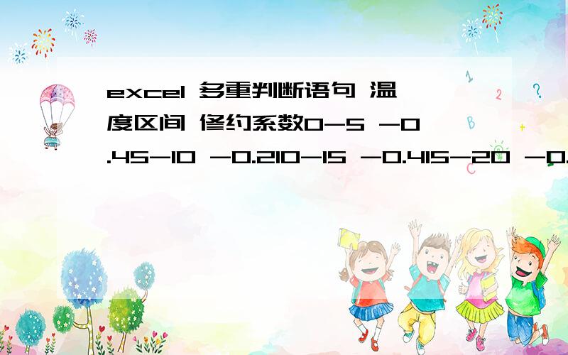 excel 多重判断语句 温度区间 修约系数0-5 -0.45-10 -0.210-15 -0.415-20 -0.220-25 0.425-30 0.230-35 0.435-40 0.4实测温度 判断得出对应的修约系数 修正值21.2 23.6 24.4 22.8 23.2 23.8 29.4 10.4 修正值=判断得出的修约