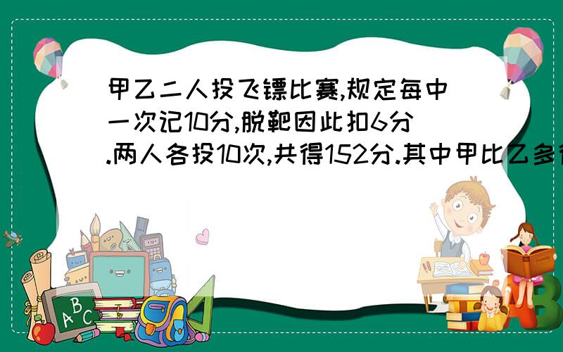 甲乙二人投飞镖比赛,规定每中一次记10分,脱靶因此扣6分.两人各投10次,共得152分.其中甲比乙多得16分,两人各中多少次?（假设法,记住,假设法!）